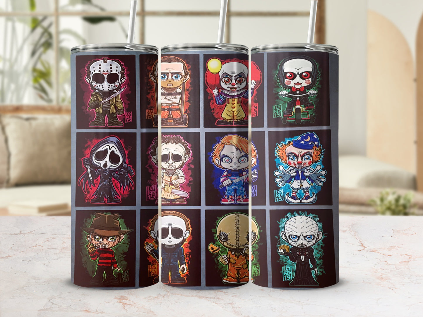 Tumbler featuring cartoon horror characters: Ghostface, Pennywise, Freddy, Michael, Chucky, Jigsaw, Jason, and Pinhead.