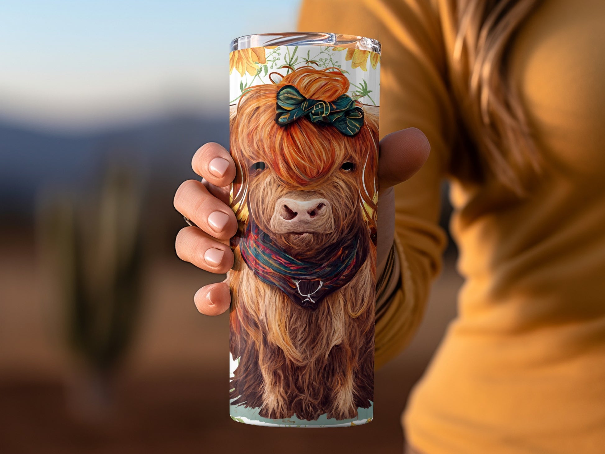 Highland Cow with Green Bow Tumbler Stainless Steel Flask