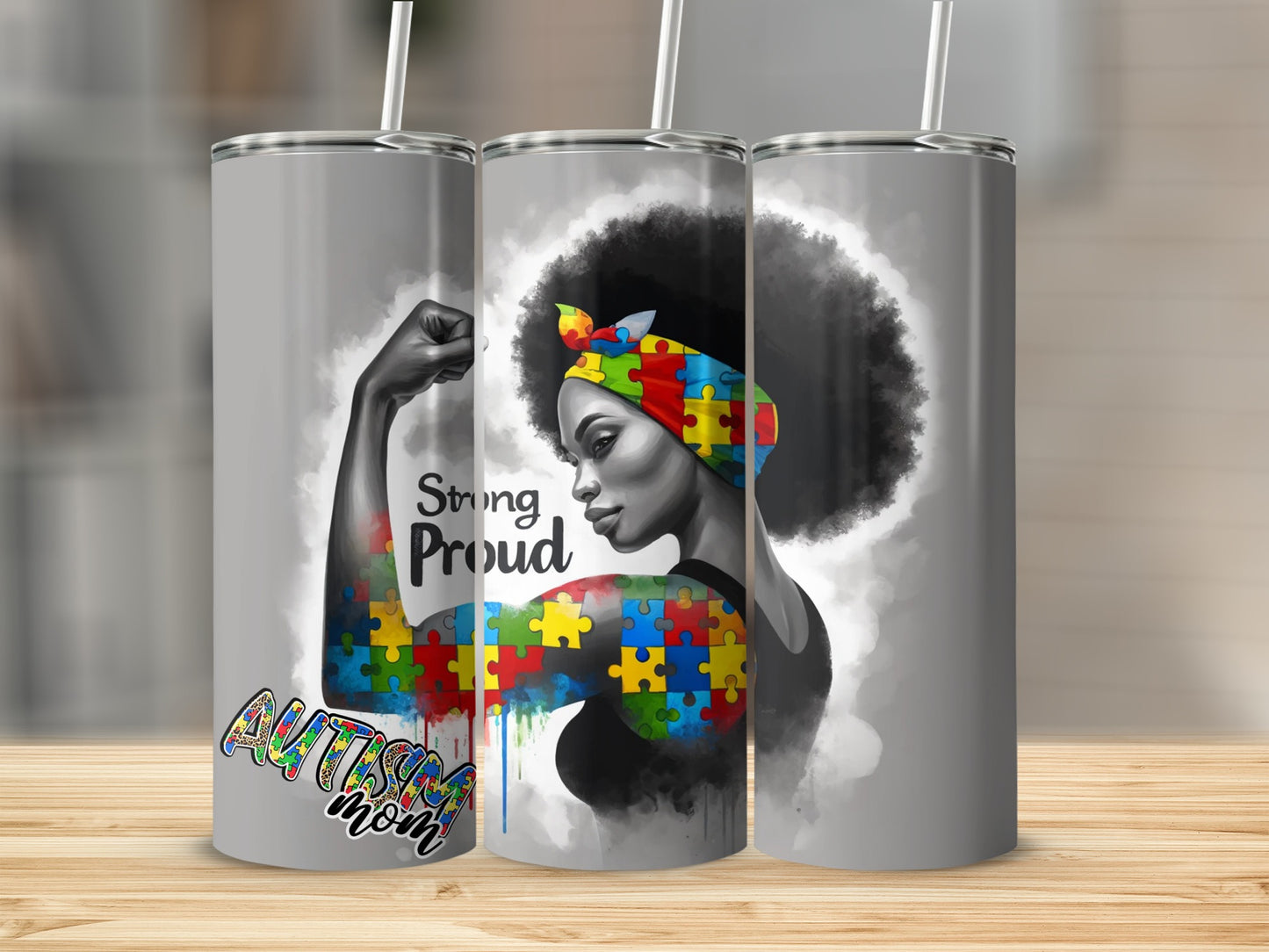 Autism mom tumbler with colorful puzzle piece arm and text.
