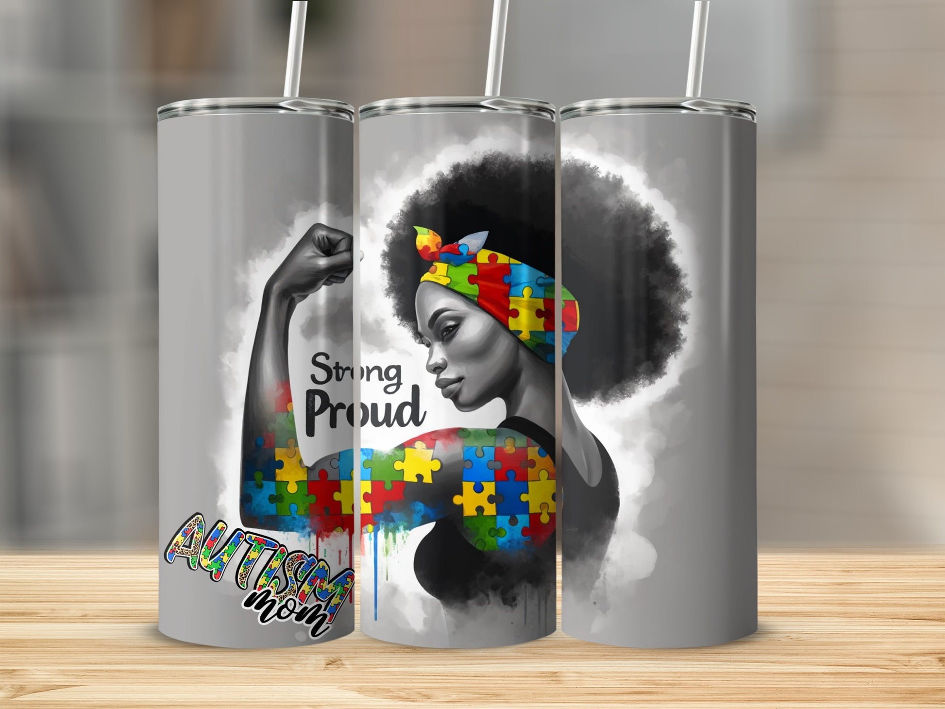 Autism mom tumbler with colorful puzzle piece arm and text.