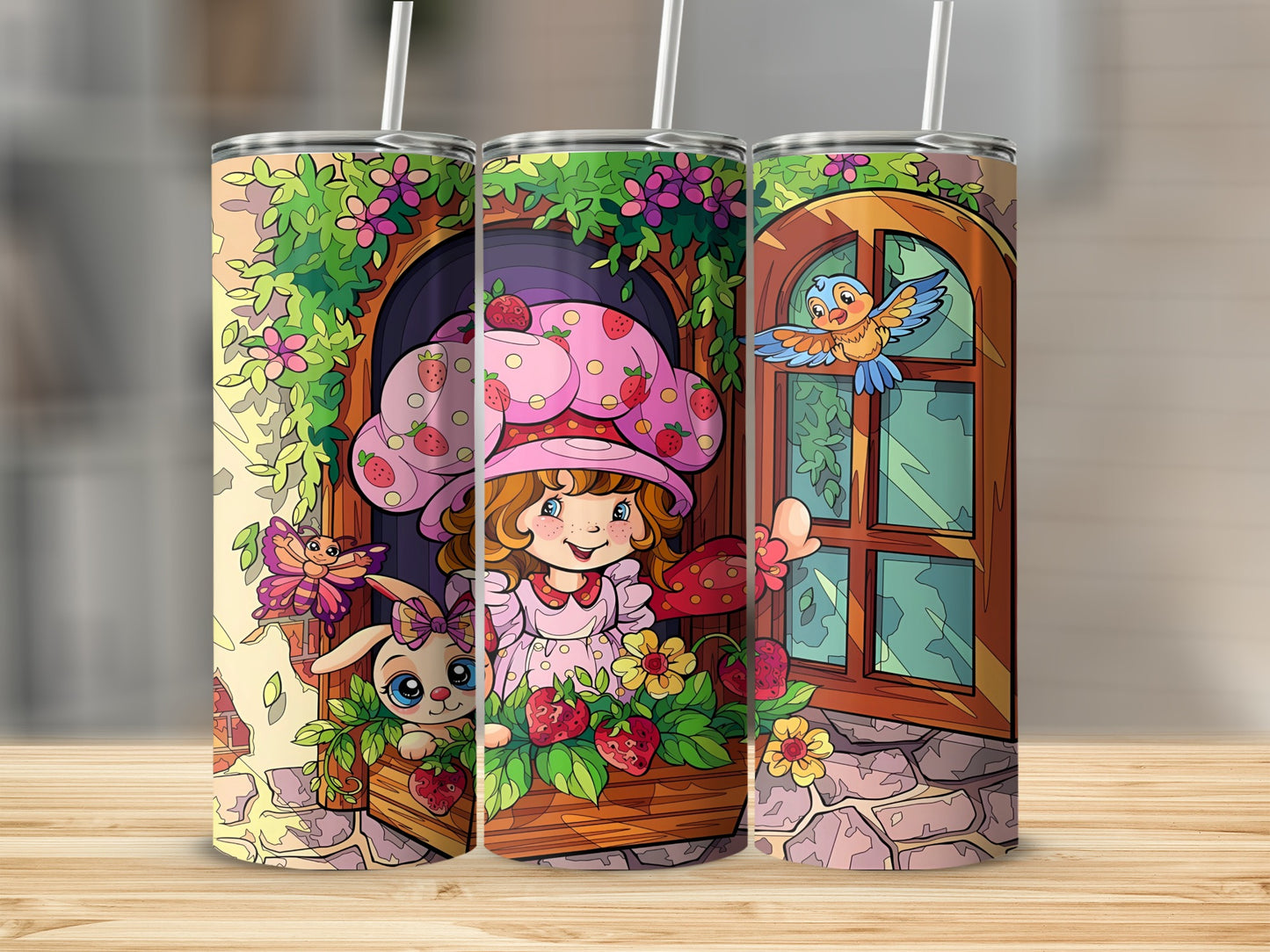 Illustration of cartoon girl with bunny and bird, holding strawberries.