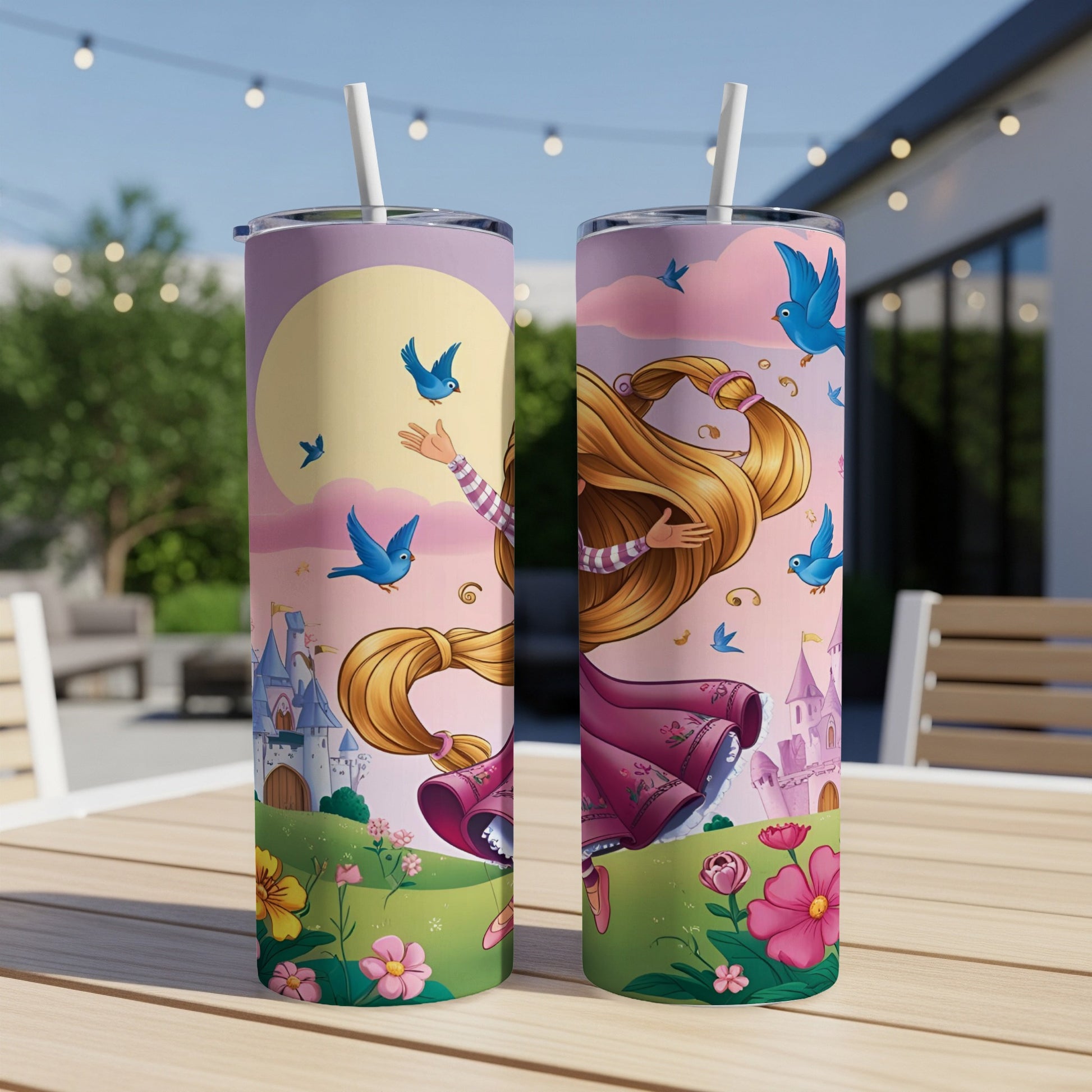 Tangled Rapunzel in pink dress with long blonde hair and castle on tumbler.