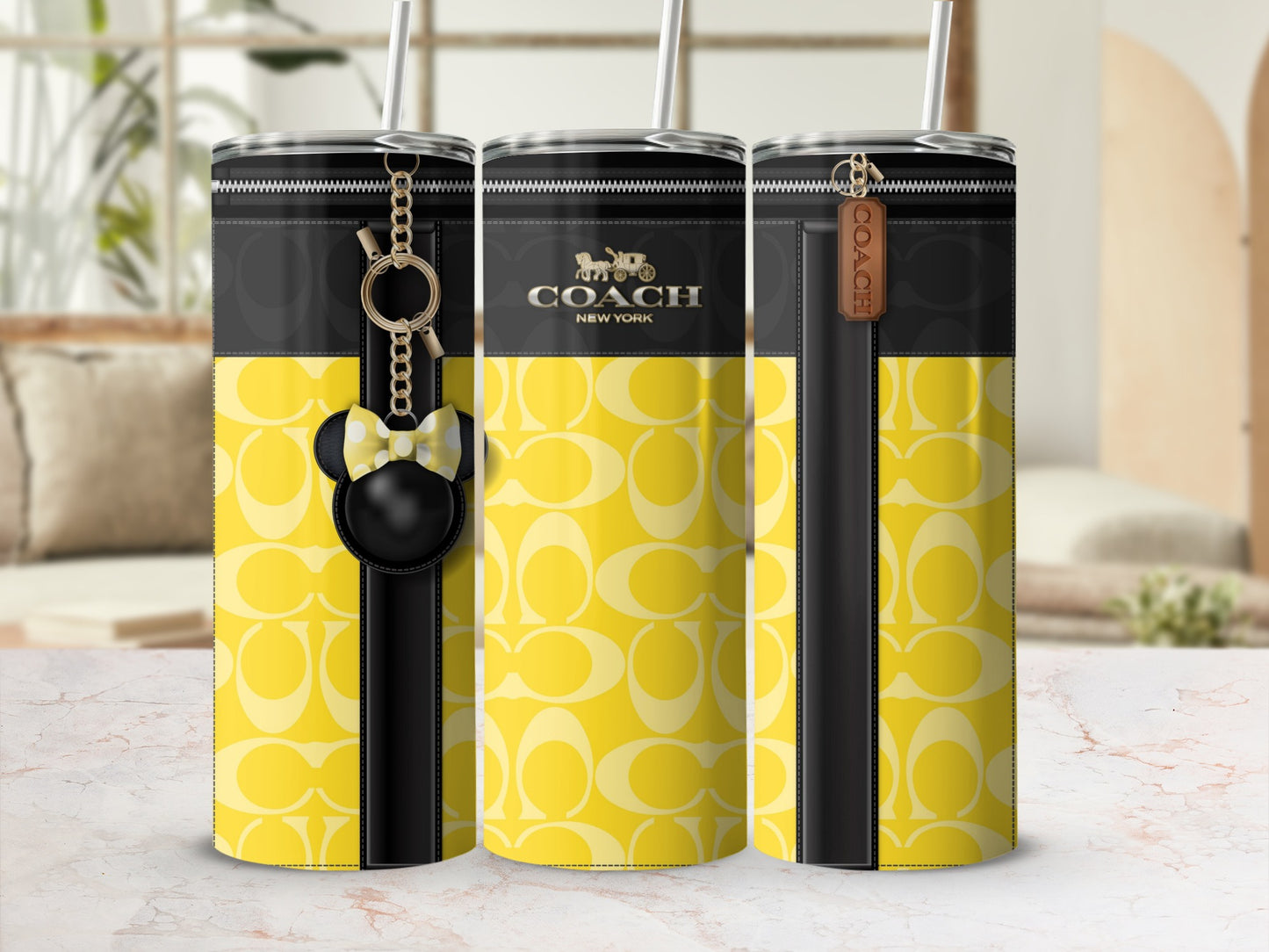 Yellow and Black Coach Theme Tumbler with Keychain Decor