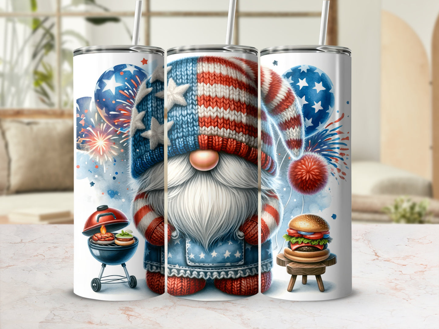 Patriotic gnome with American flag hat holding a hamburger and a grill.