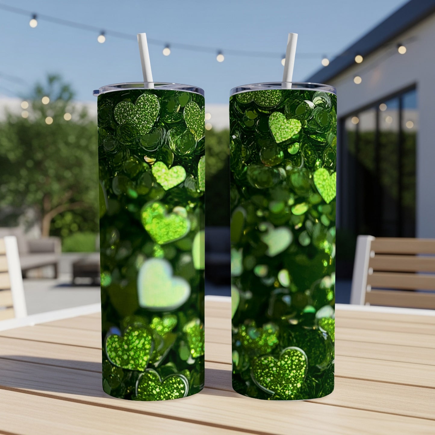 Two green glitter heart tumblers with straws on a wooden table.