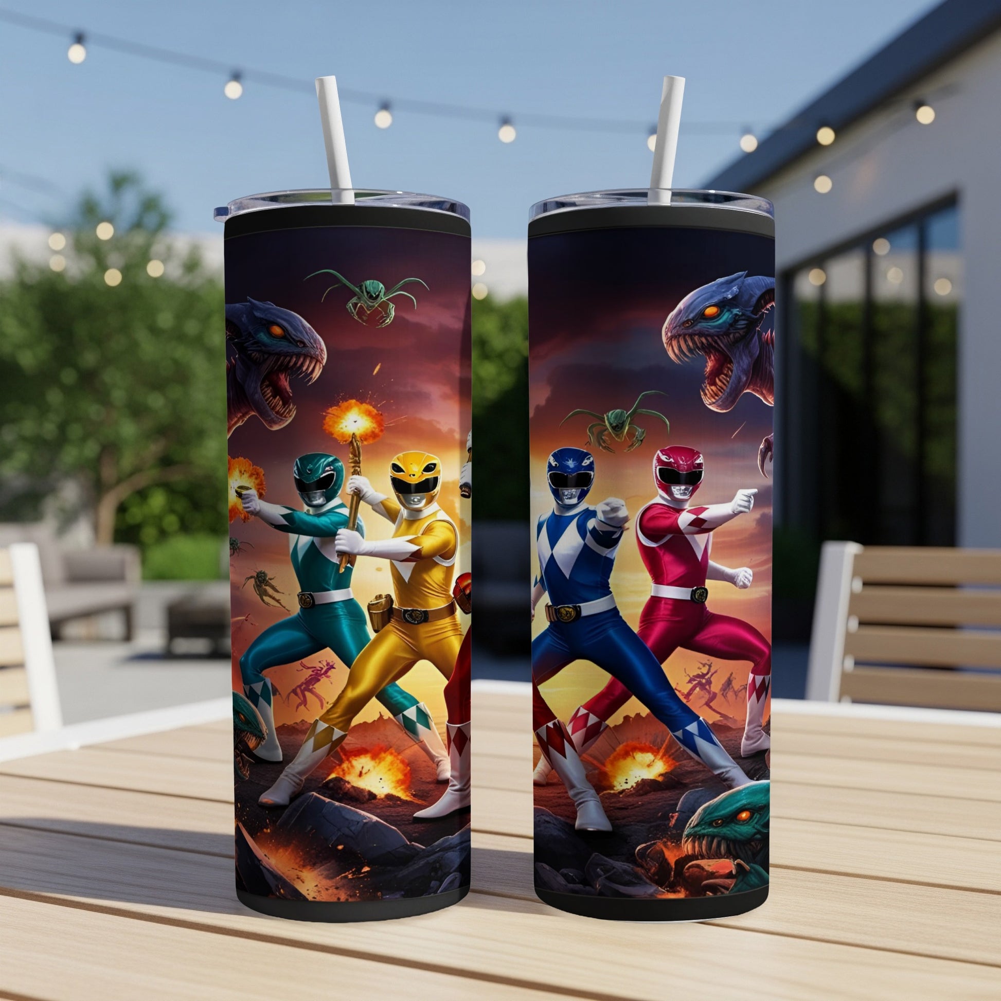Power Rangers characters in action on a tumbler with a monster battle backdrop.