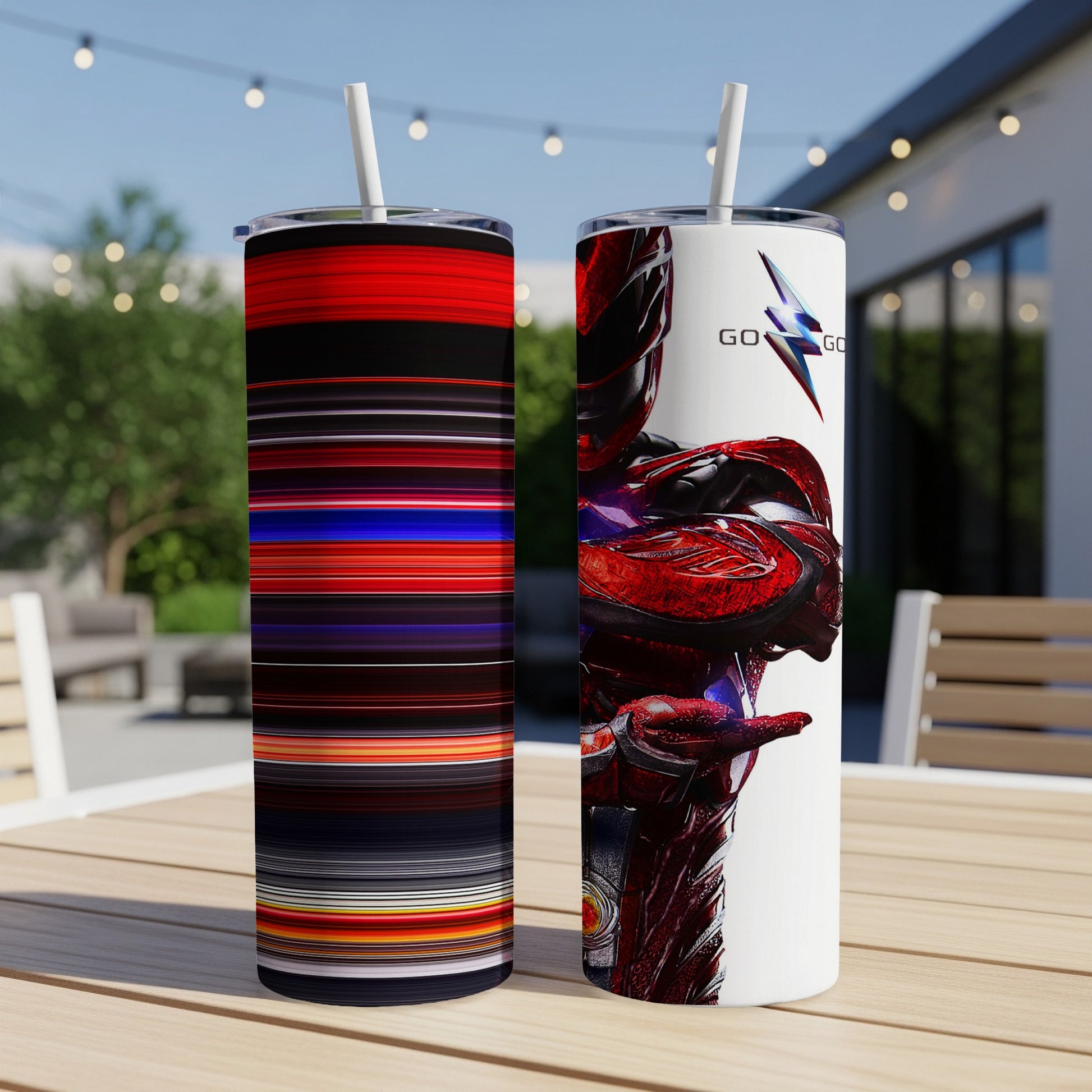 Red Ranger tumbler with abstract stripes on left and character on right.