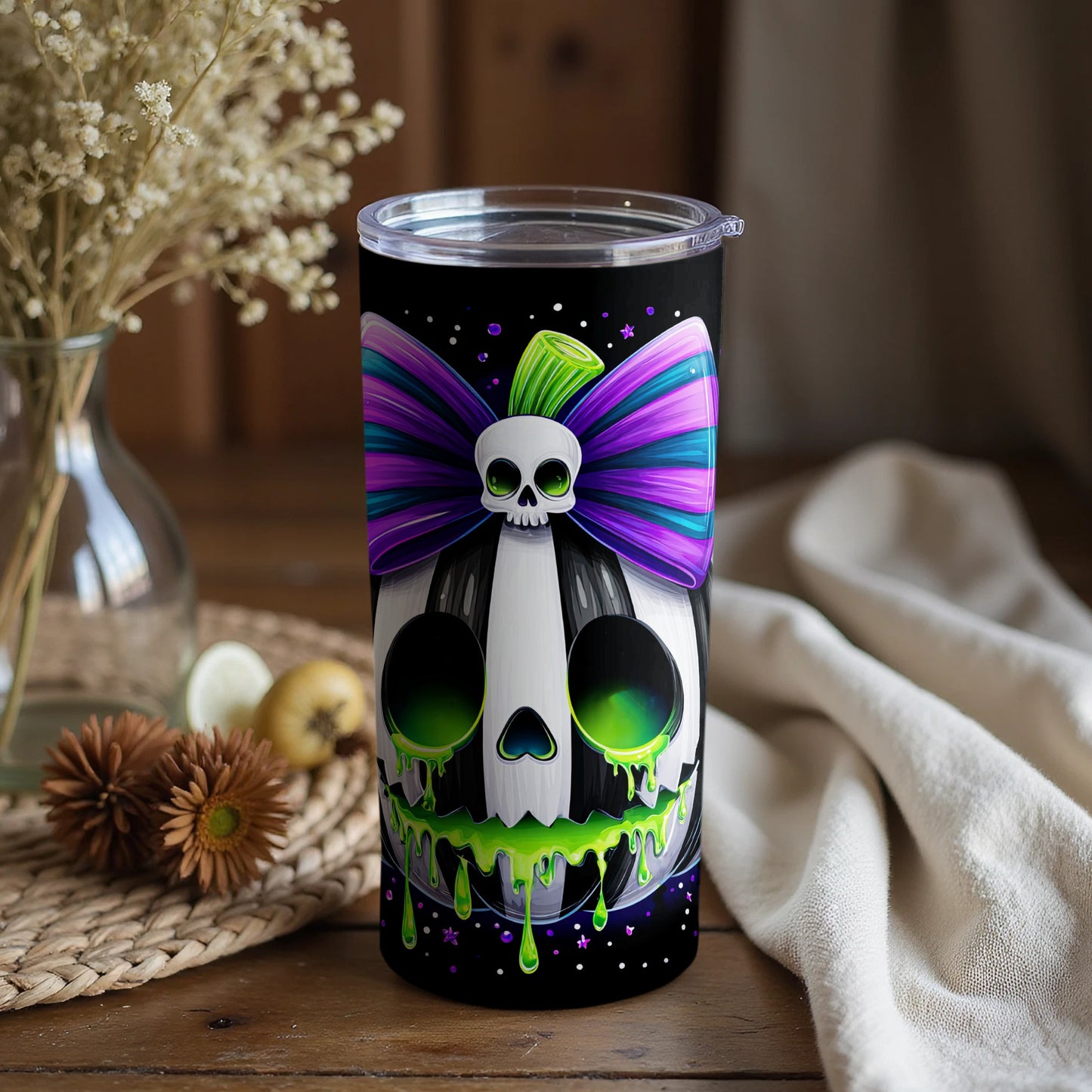 Colorful Skull Tumbler with Dripping Green Design