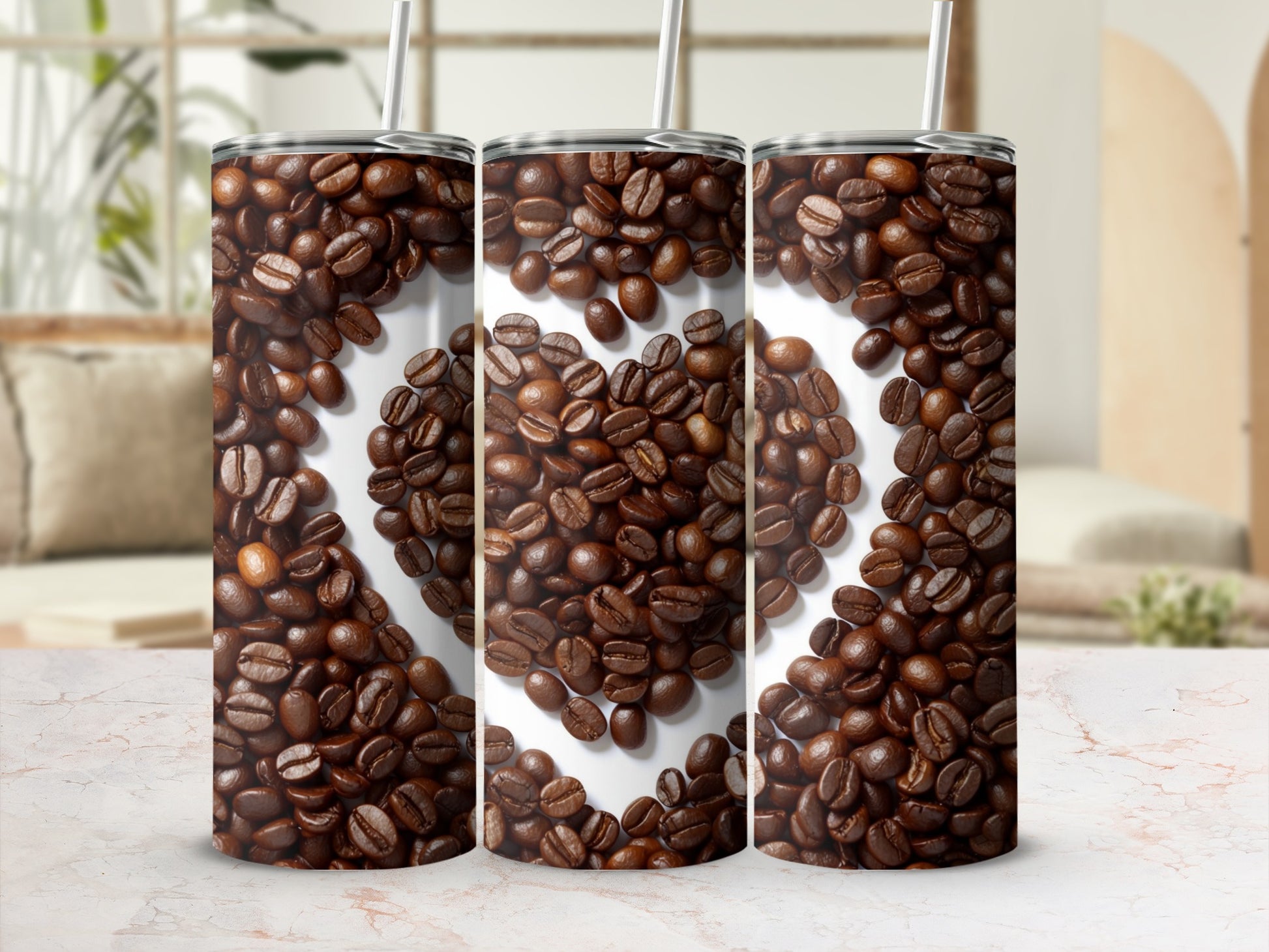 Three tumblers with a heart shape made of coffee beans.