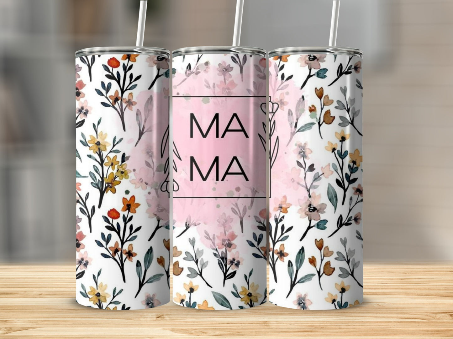 Floral Mama Design Tumbler with Straw Floral Drinkware