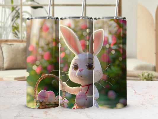 Easter bunny holding basket with pink eggs, outdoors.