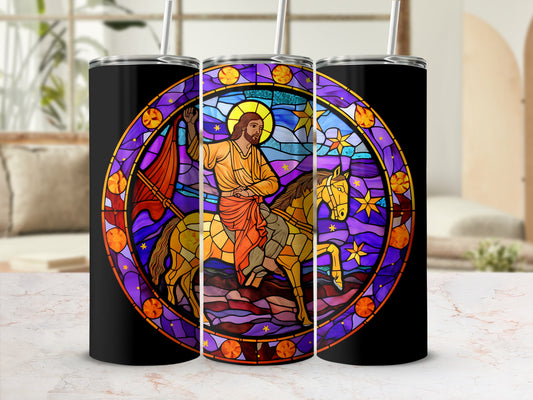 Jesus riding a horse with a stained glass effect, holding a flag.