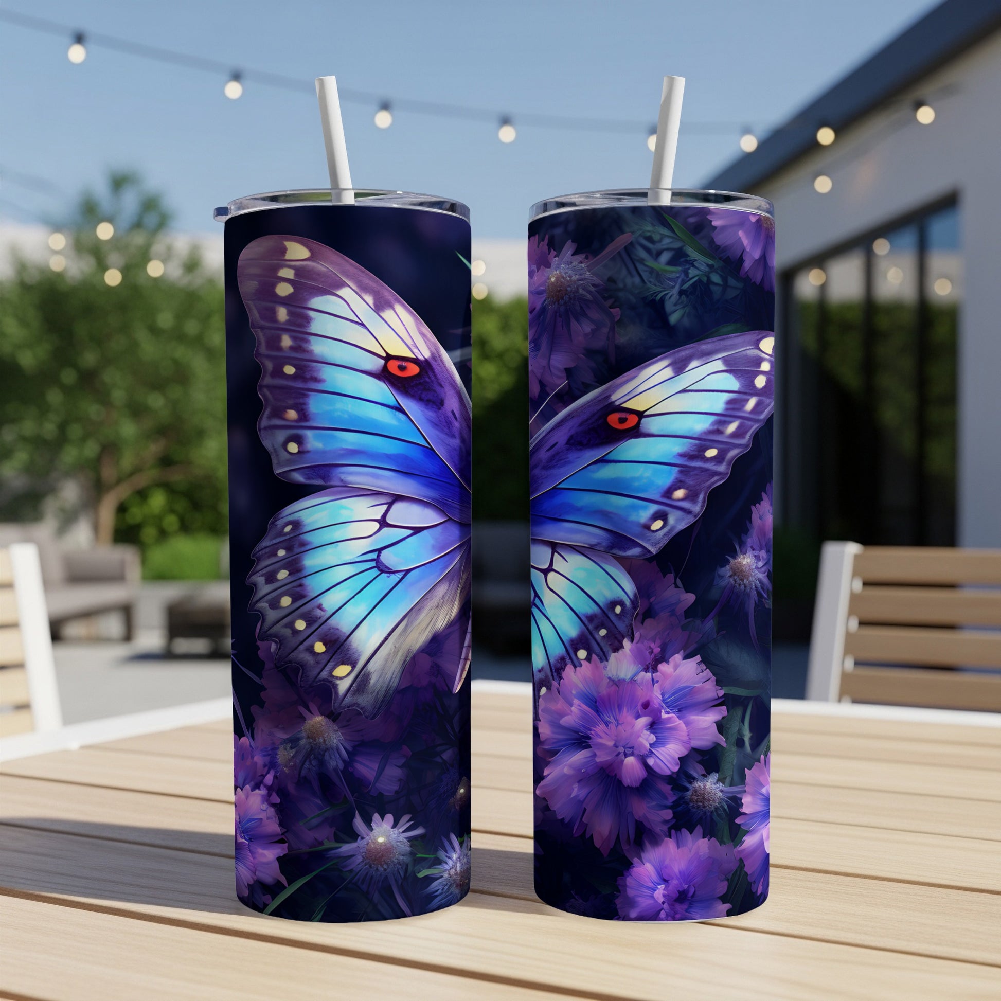 Two tumblers with a vibrant blue butterfly and purple flowers design.