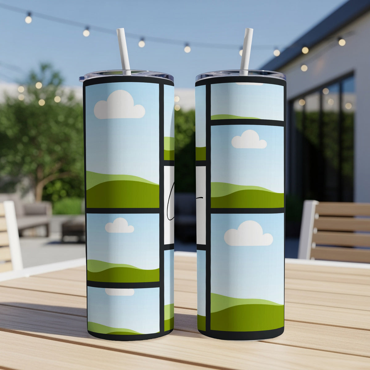 Two tumblers with a collage of sky, clouds, and rolling green hills.