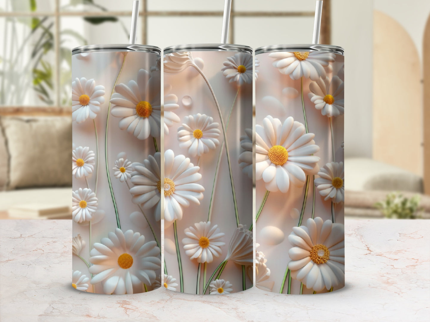 Three tumblers with white daisy floral design and water droplets.