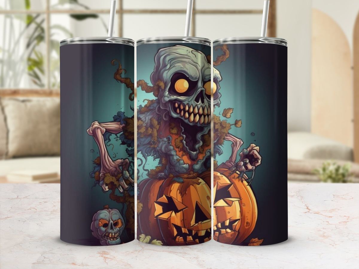 Three tumblers feature a cartoon zombie and jack-o'-lantern design.