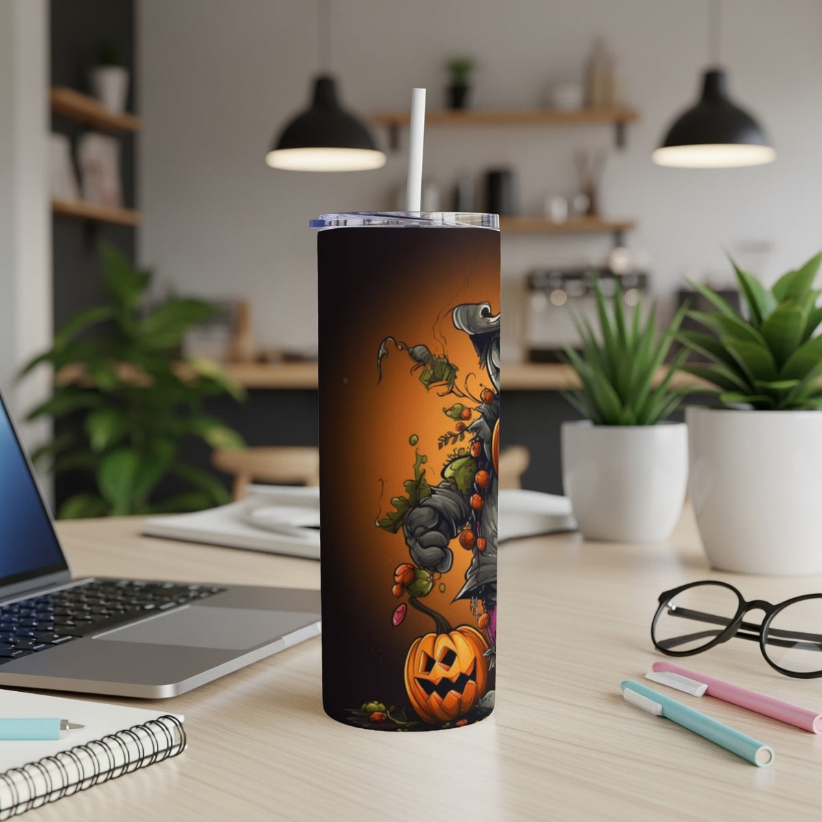 Tumbler with Halloween scarecrow and jack-o-lantern design.