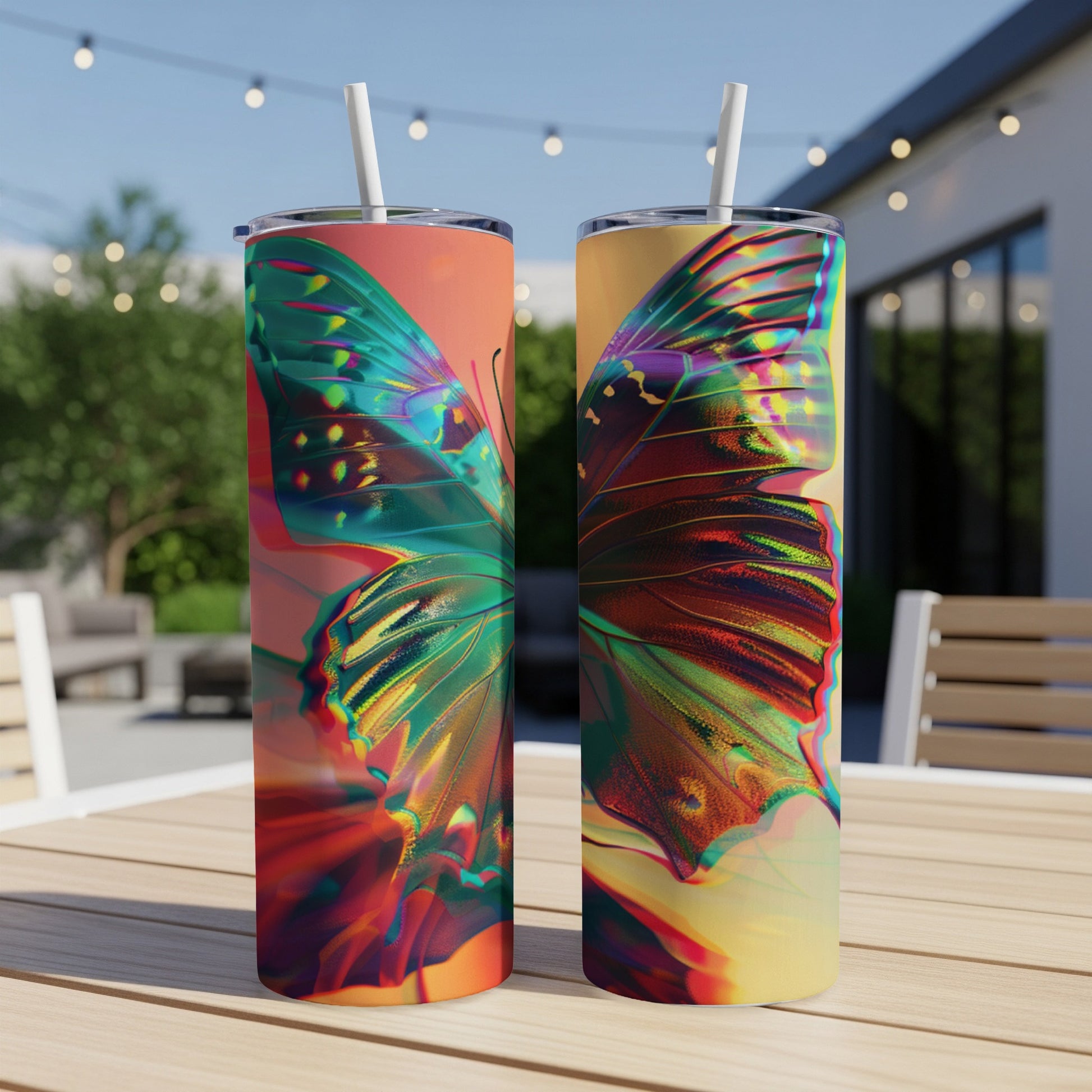 Two tumblers with iridescent butterfly wings design sit on a table.