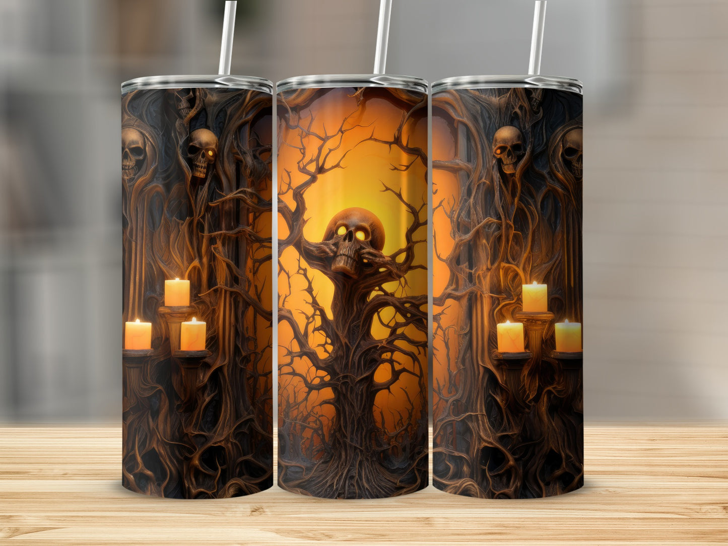 Tumbler with spooky trees, skulls, and glowing candles on an orange sunset background.