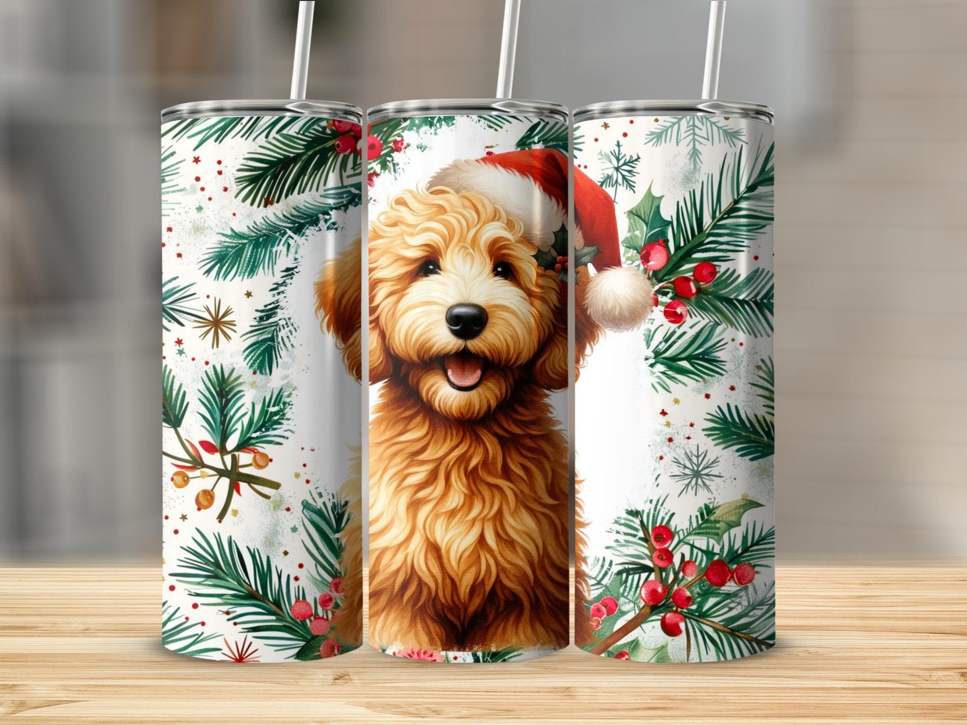Goldendoodle wearing Santa hat surrounded by festive greenery and holly berries.