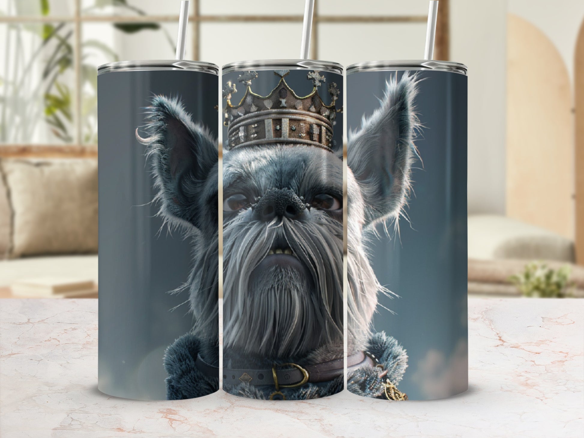 Dog wearing a crown and fur coat.