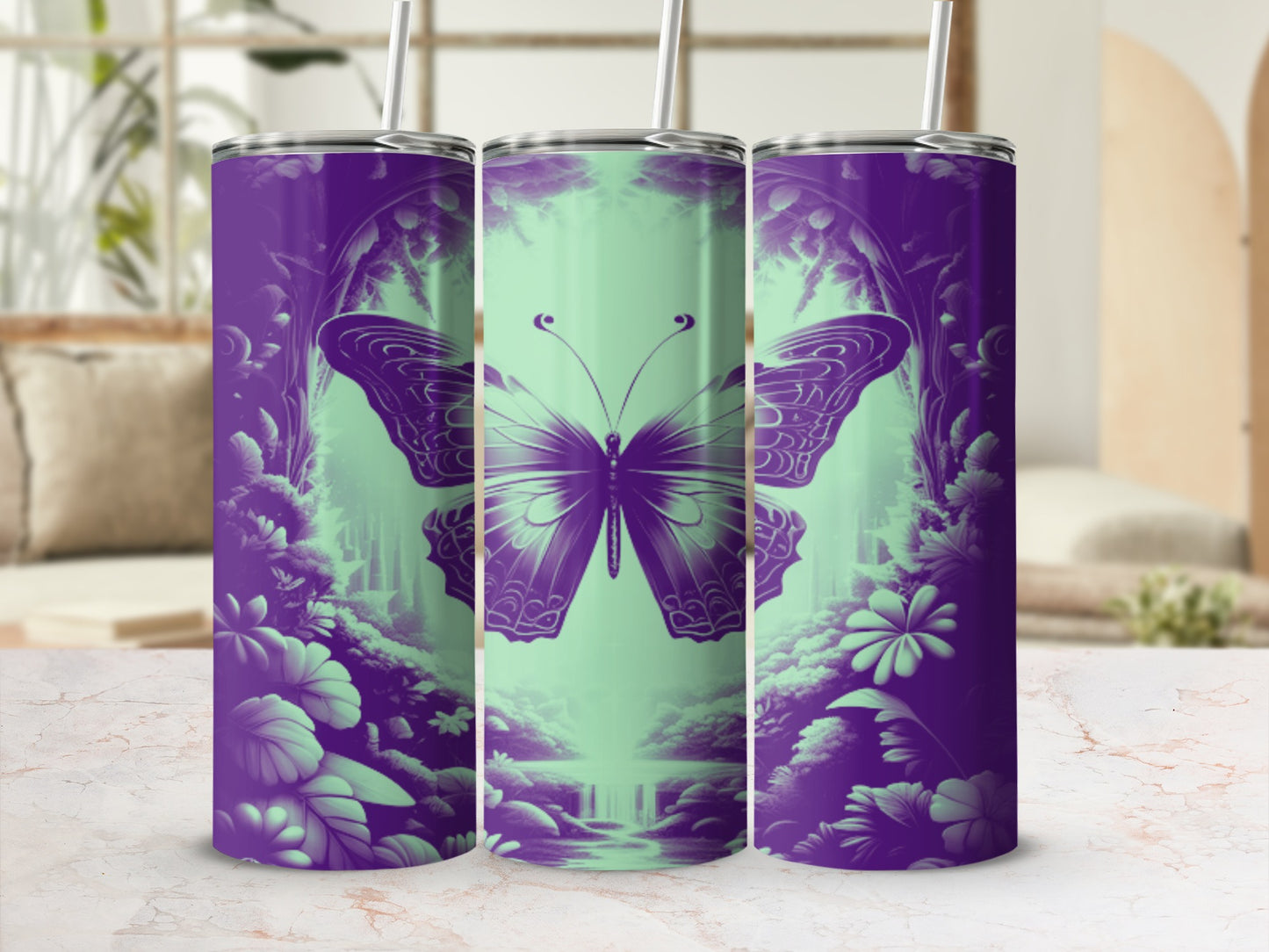 Purple butterfly and floral design on a tall, slender tumbler.