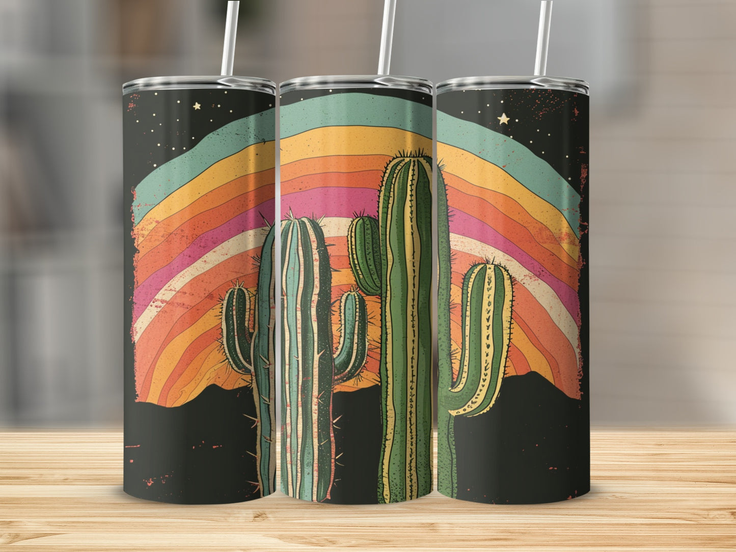Three tumblers with cactus and retro rainbow design.