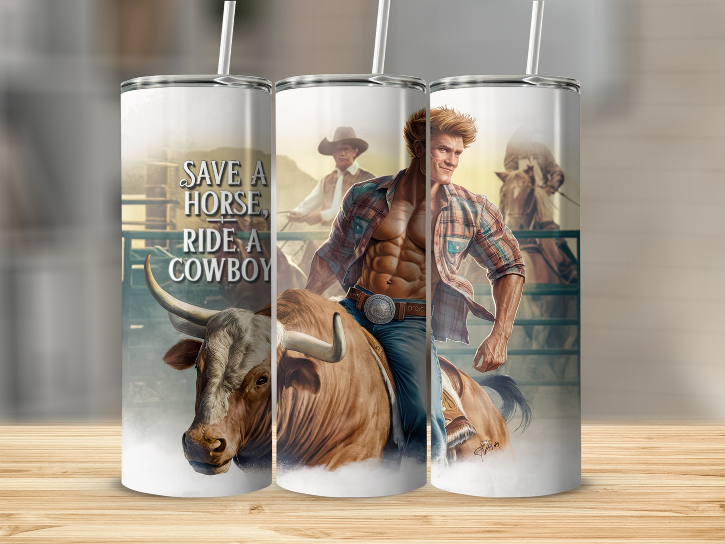 Man riding a bull with text "Save a horse, ride a cowboy."