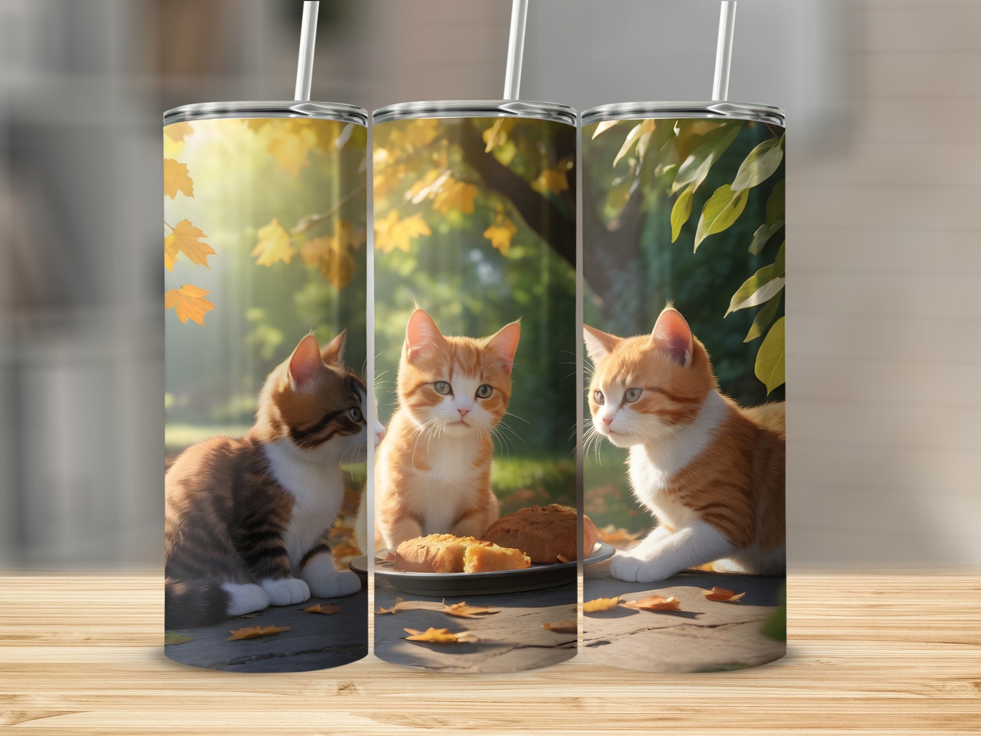 Three kittens sit around a plate of cookies on a table with autumn leaves.