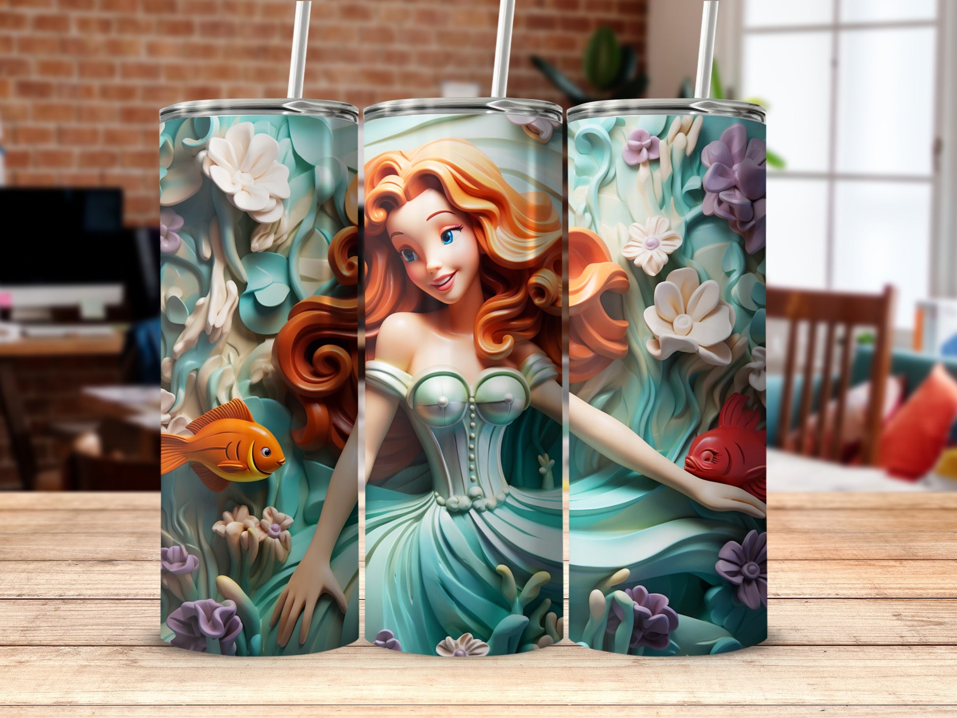 Beautiful Mermaid with Flowers and Fish Design Tumbler