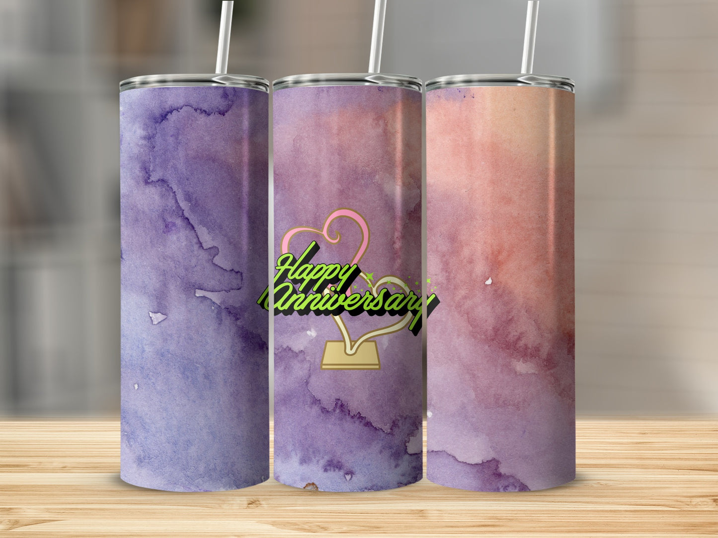 Three tumblers with watercolor designs and "Happy Anniversary" text.