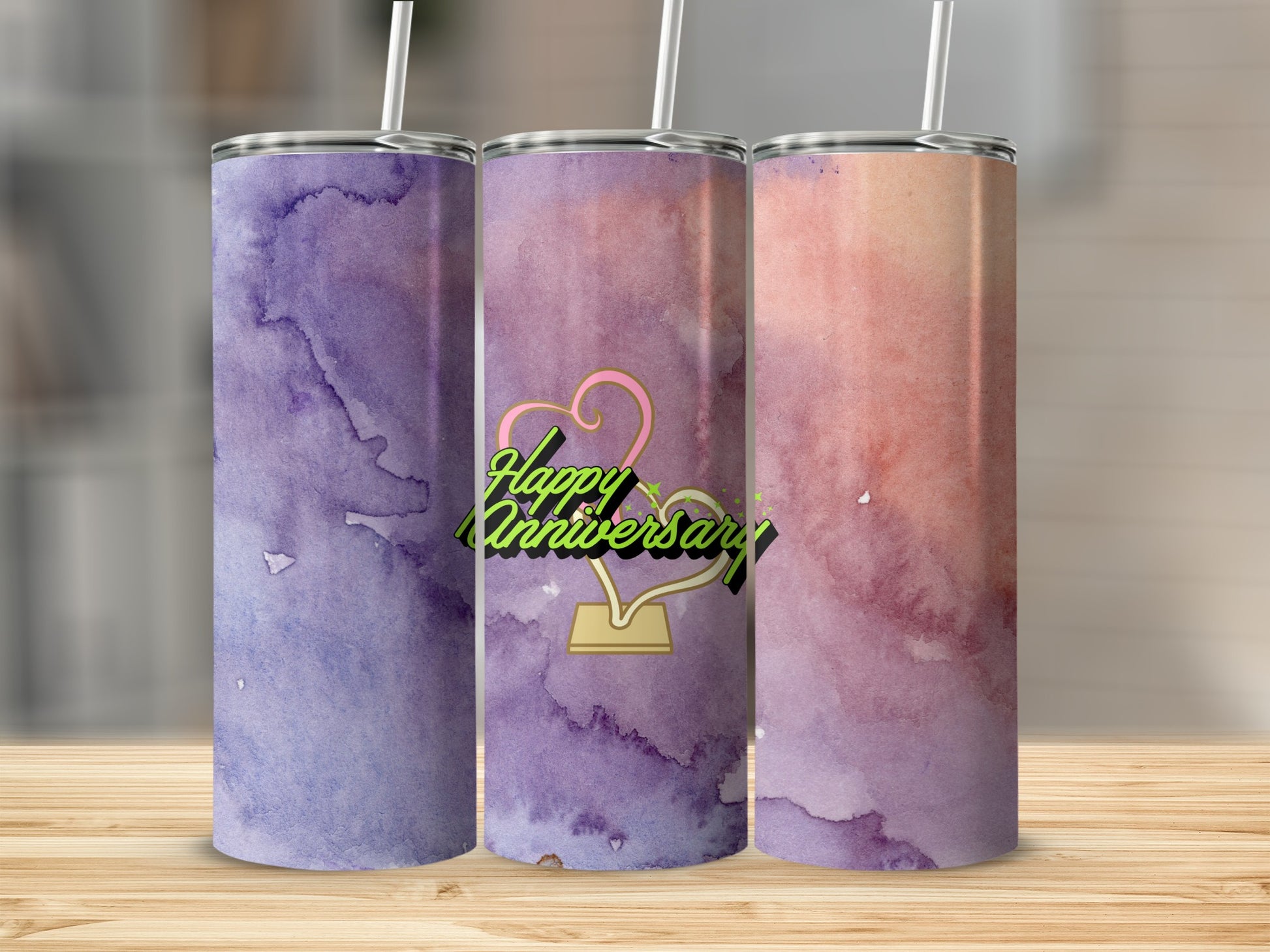 Three tumblers with watercolor designs and "Happy Anniversary" text.