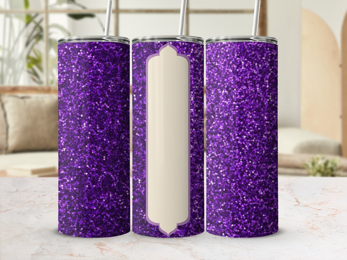 Purple glitter tumbler with a blank beige oval design area.