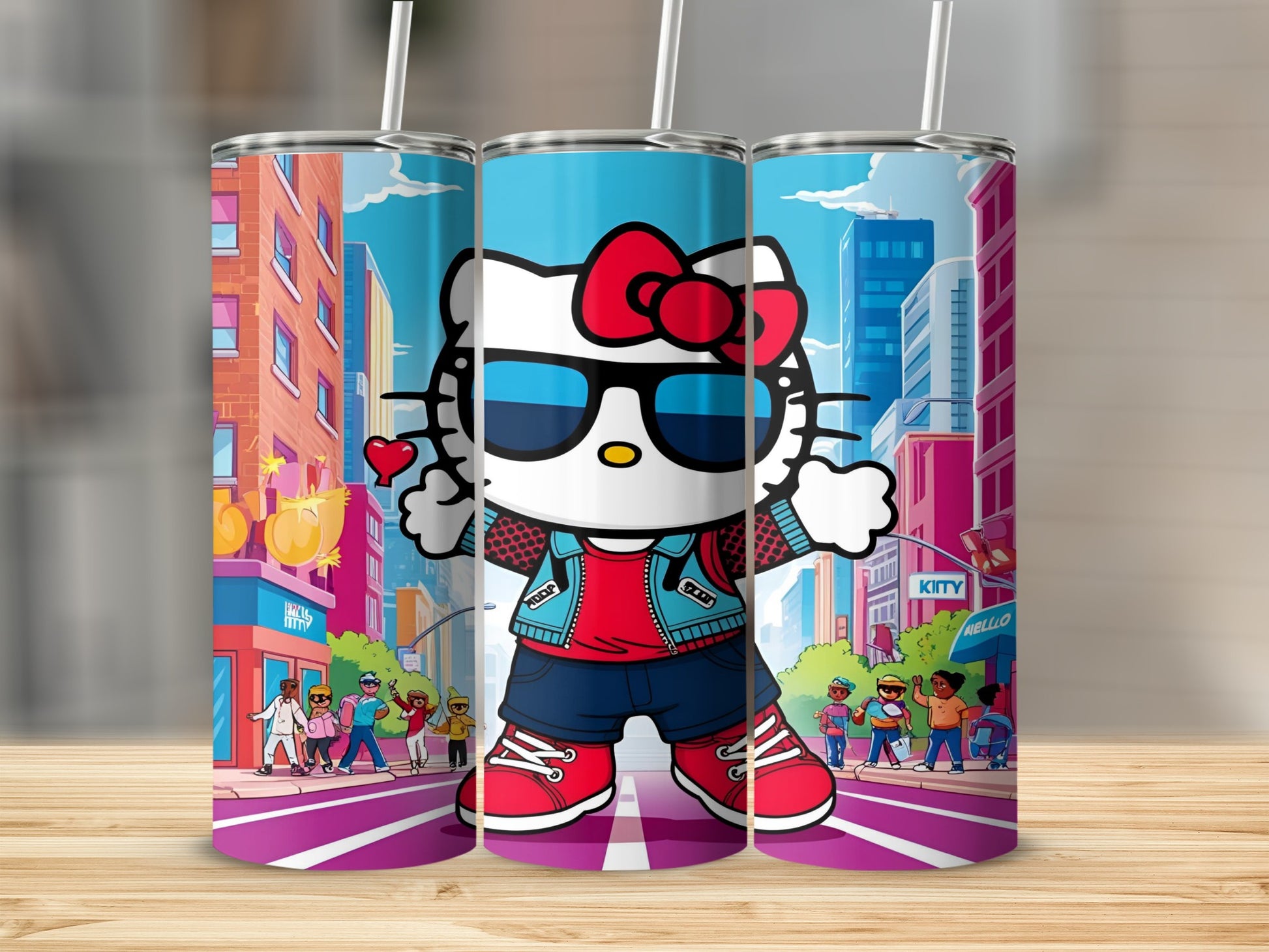 Hello Kitty wearing sunglasses and red sneakers in a colorful city street.