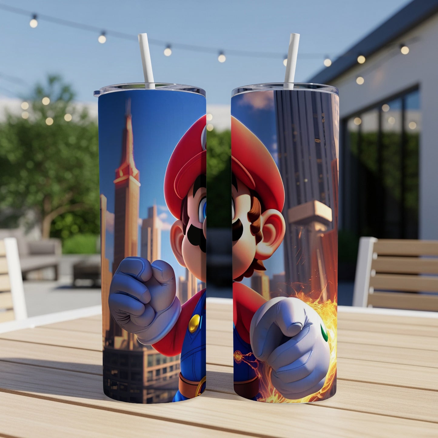 Mario character on a tumbler with city buildings in the background.