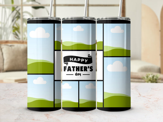 Tumbler with landscape panels and "Happy Father's Day" text.