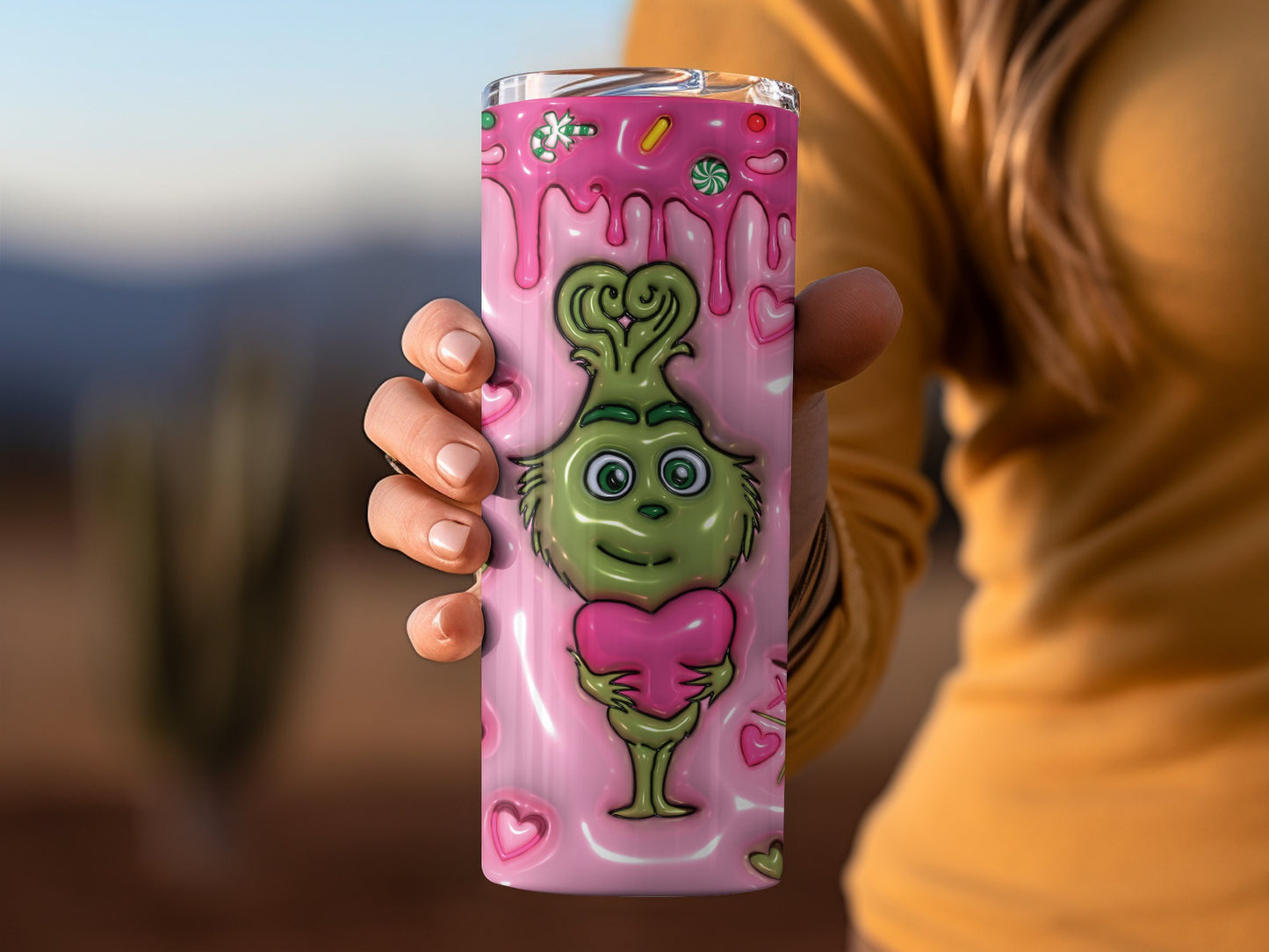Cute Green Character Pink Heart Design Tumbler Cup