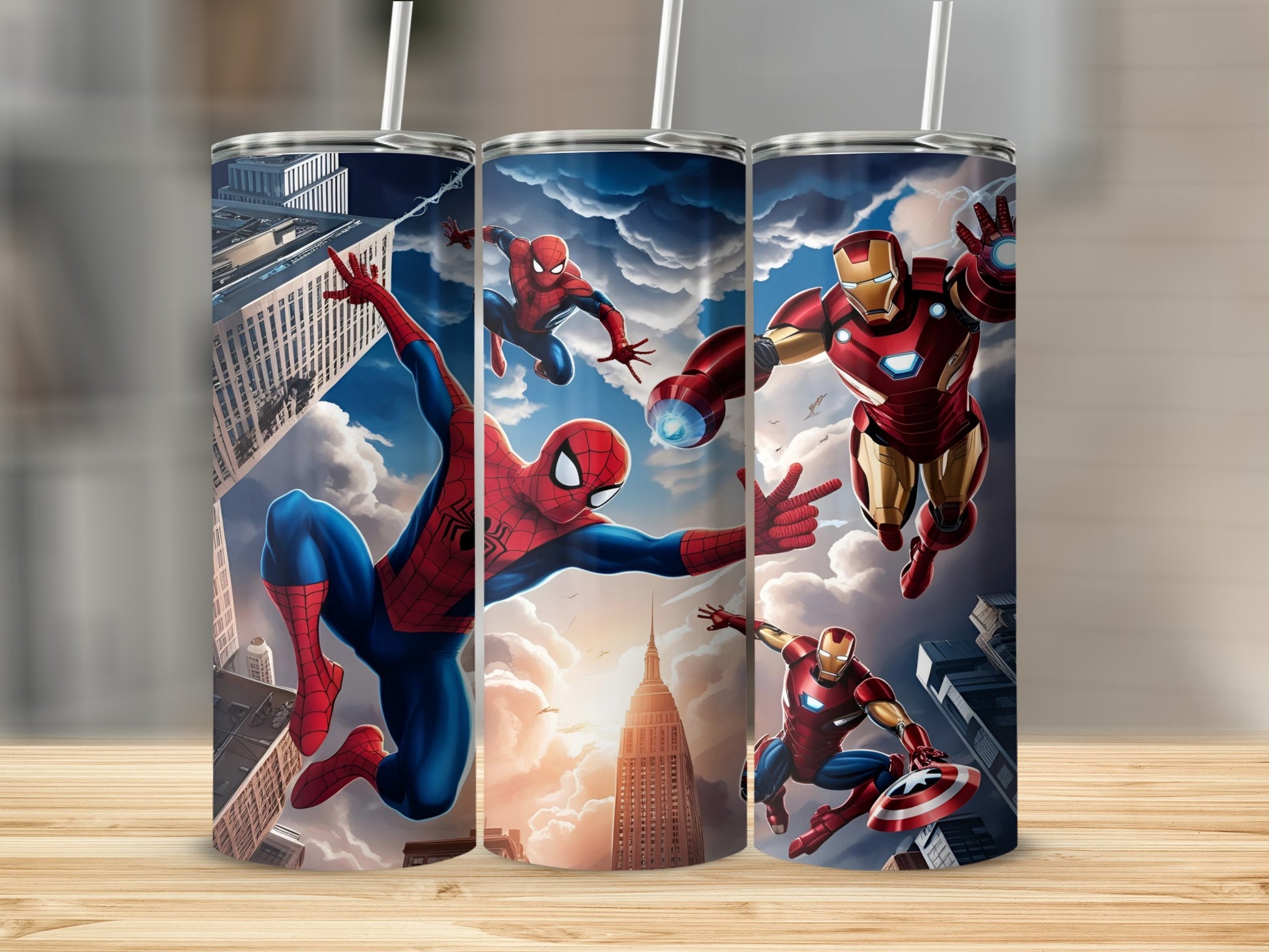 Spiderman and Iron Man superheroes flying among city buildings with sunset background.