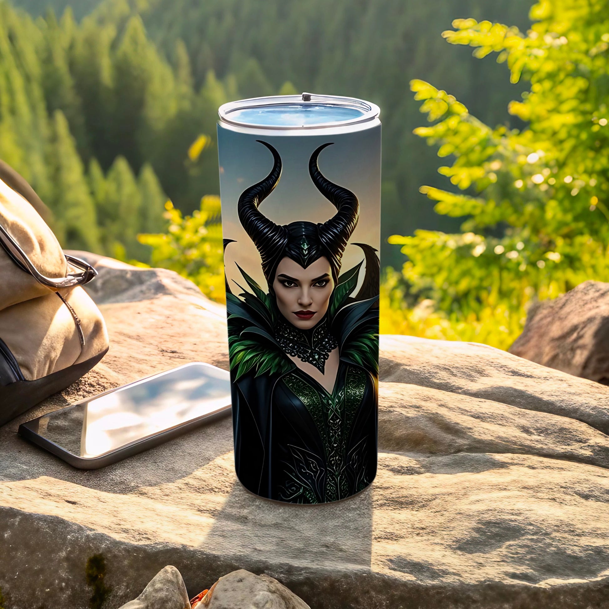 Maleficent Inspired Tumbler with Horns and Green Accents