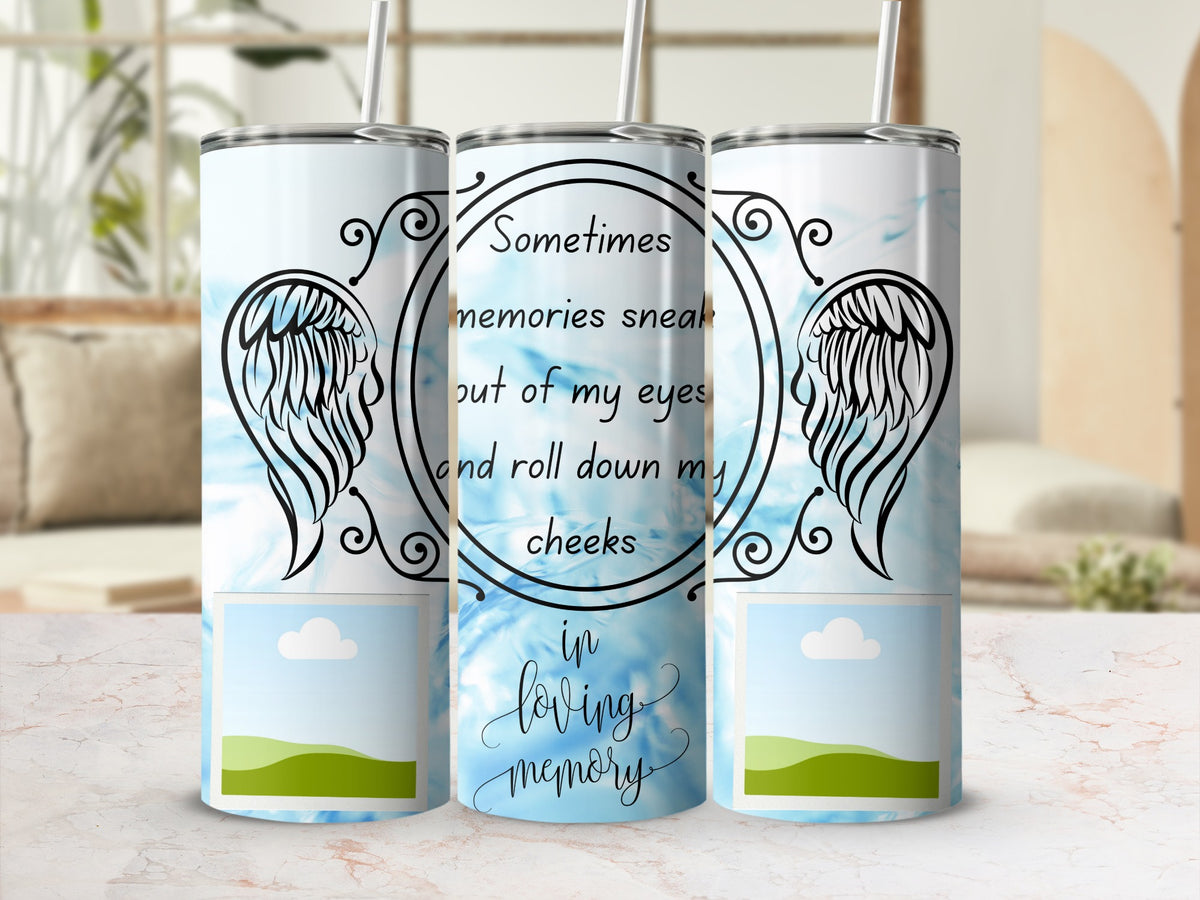 Tumbler with angel wings, text, and placeholder photo spots.