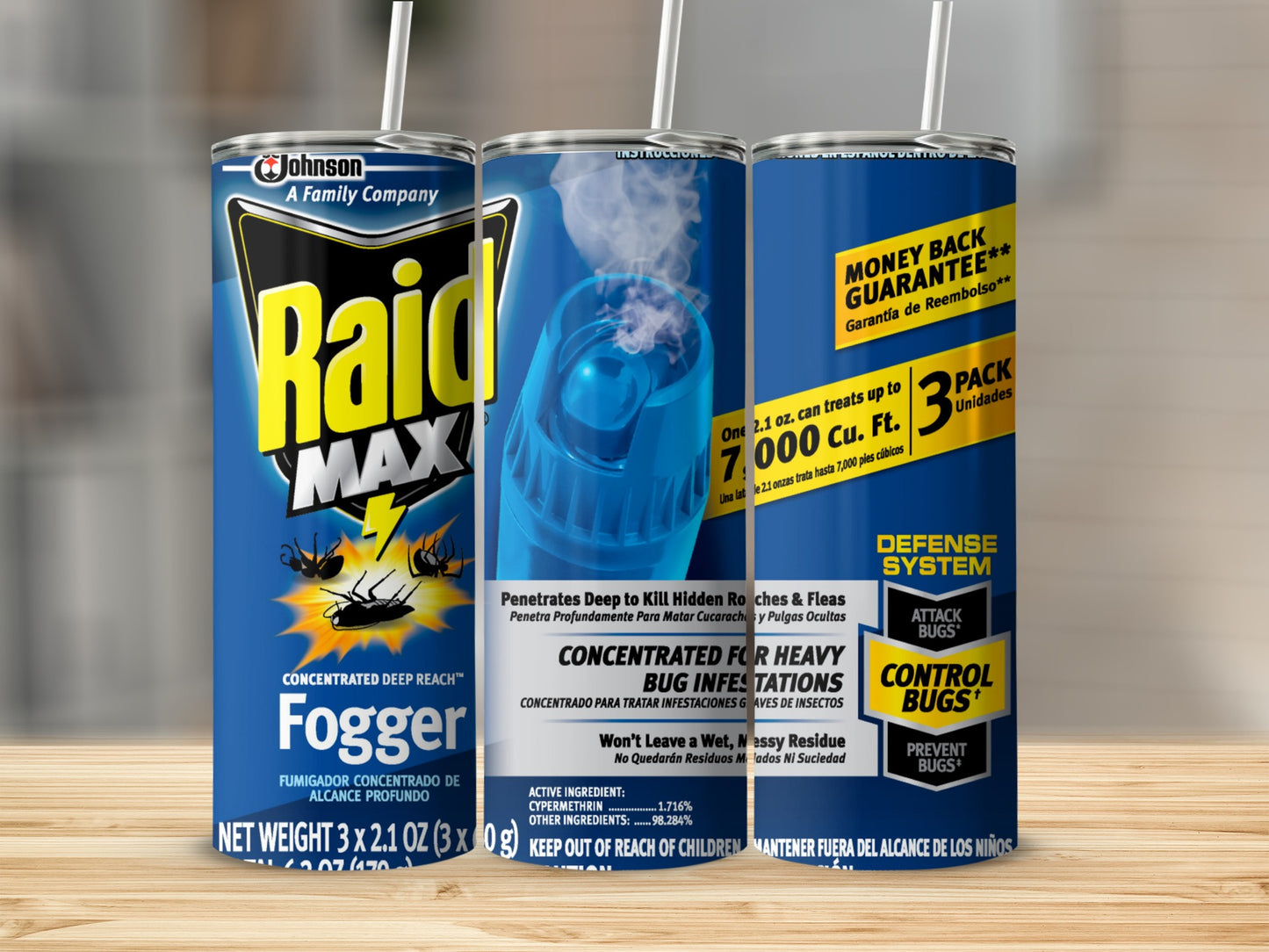 Raid Max concentrated deep reach fogger with three 2.1 oz cans.