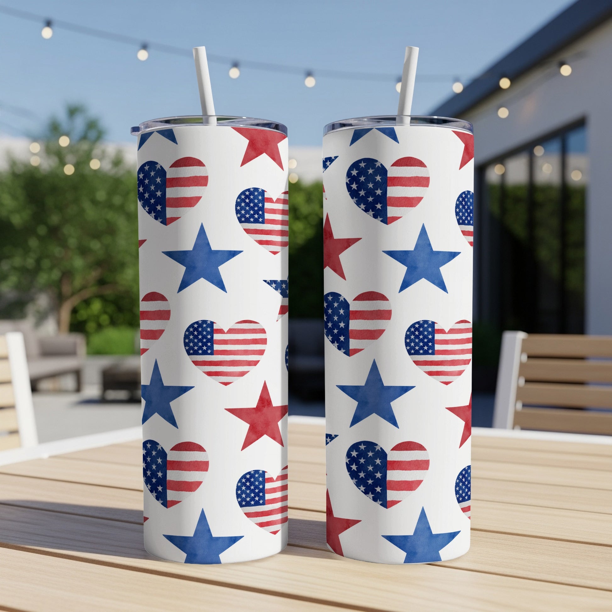 Two tumblers with a repeating pattern of American flag hearts and stars.