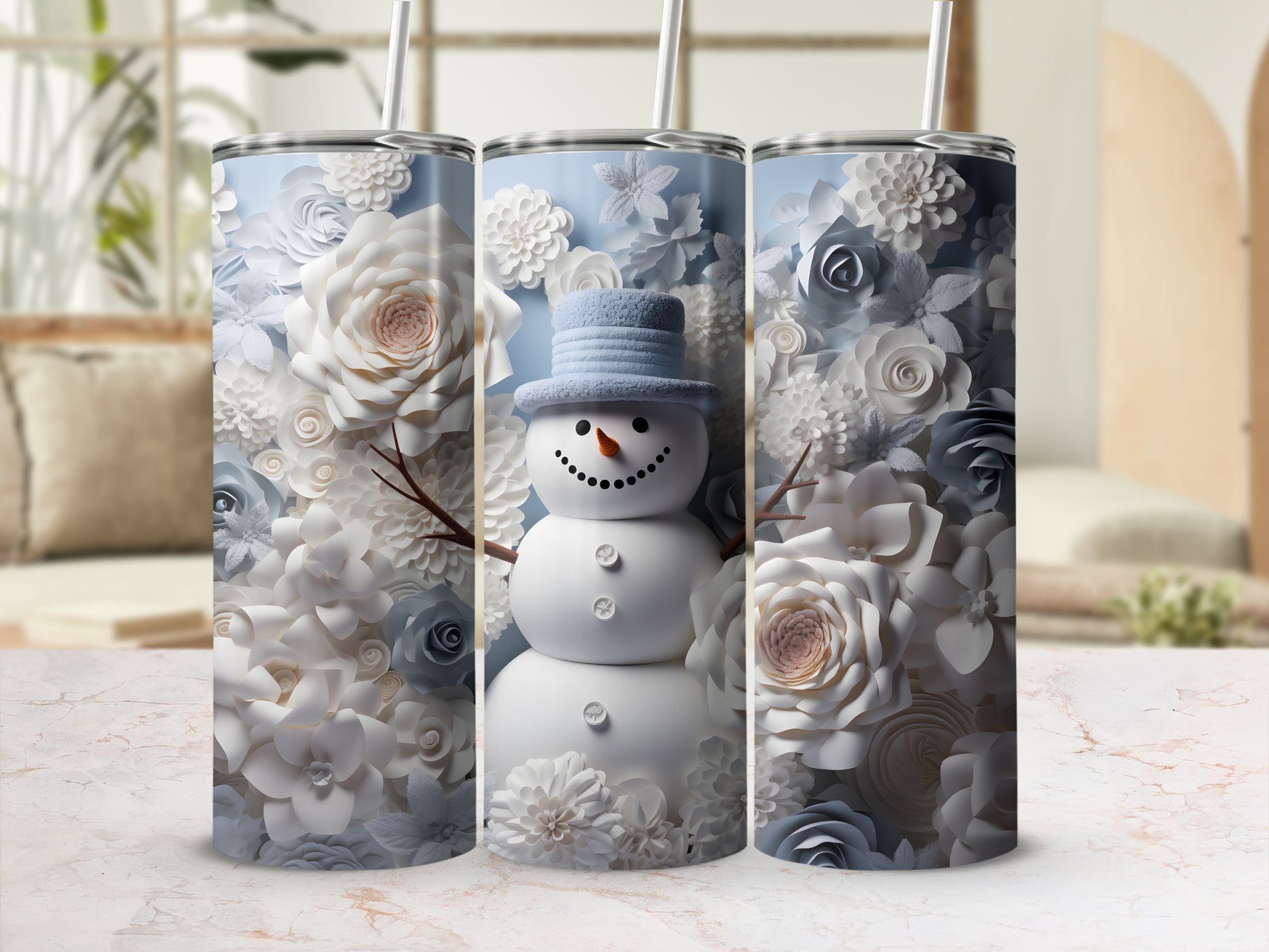 Festive Snowman with Floral Pattern Tumbler Cup