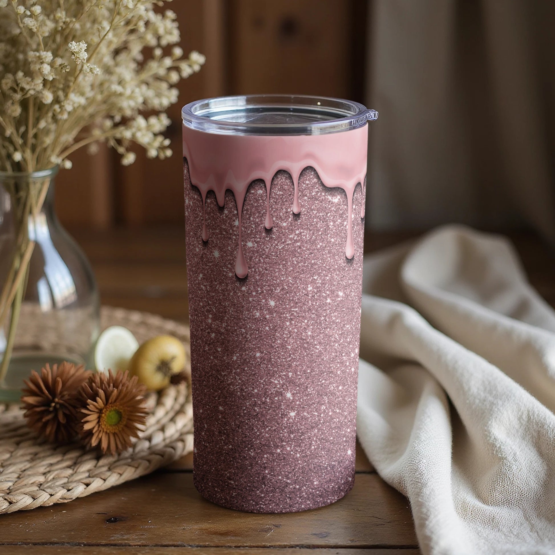 Sparkling Pink and Brown Tumbler with Lid