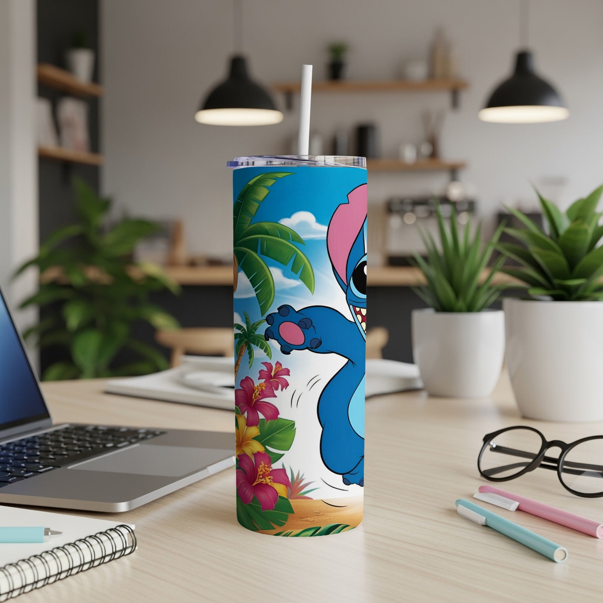 Blue Stitch character on a tropical background, on a white tumbler.
