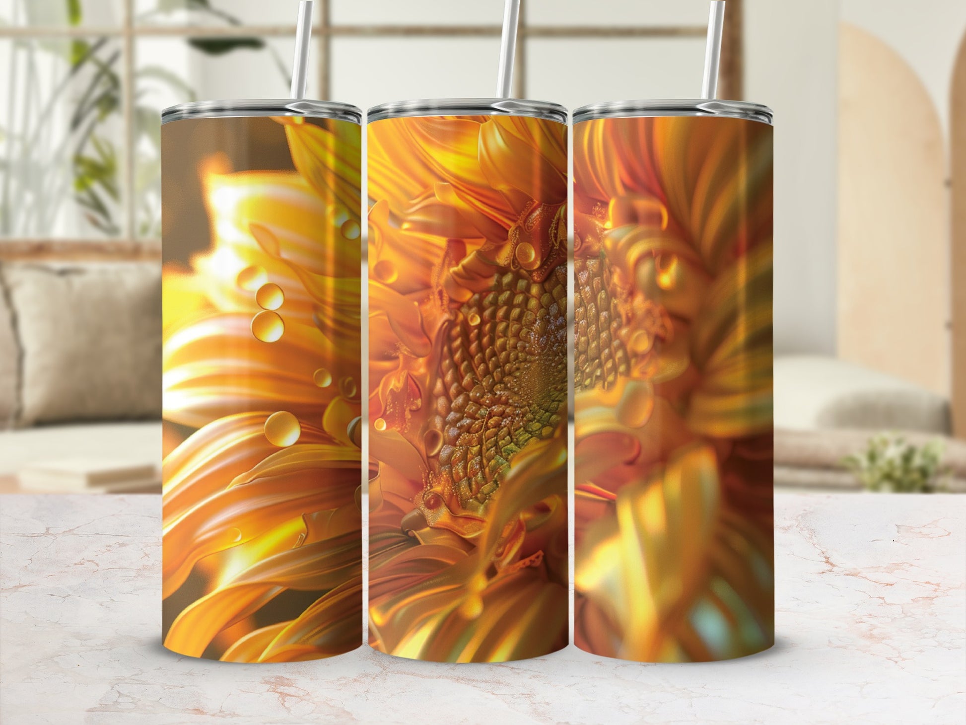 Three tumblers with a close-up, abstract floral pattern and water droplets.
