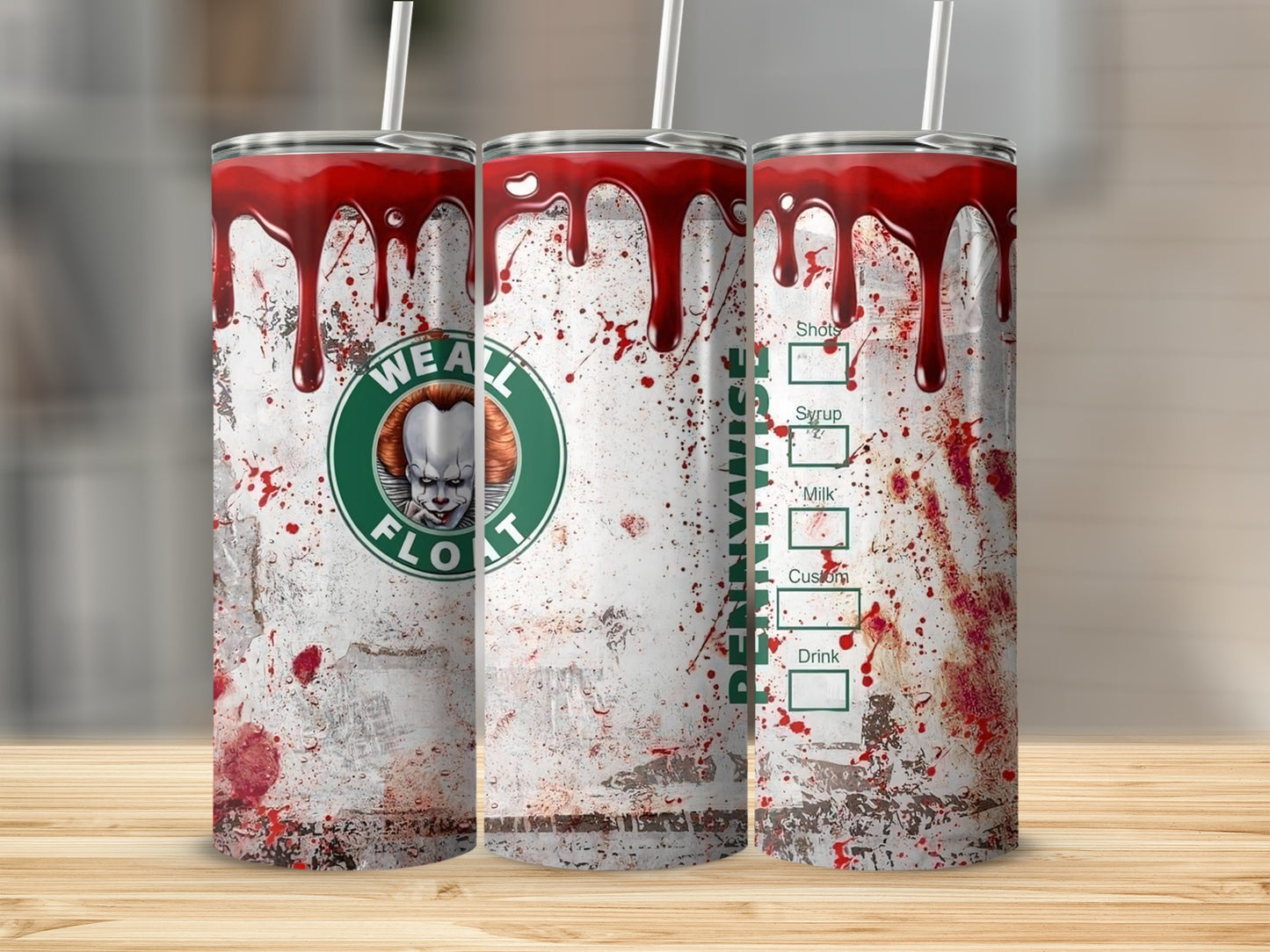Pennywise the clown tumbler with dripping red "blood" and Starbucks-style menu.