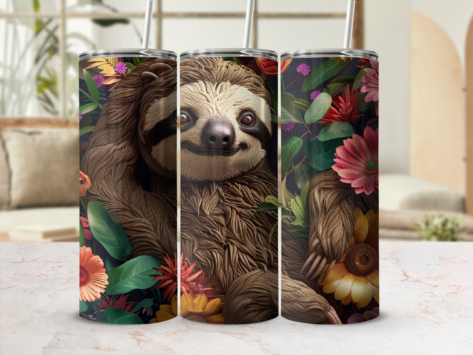 Tumbler with sloth design and floral accents.