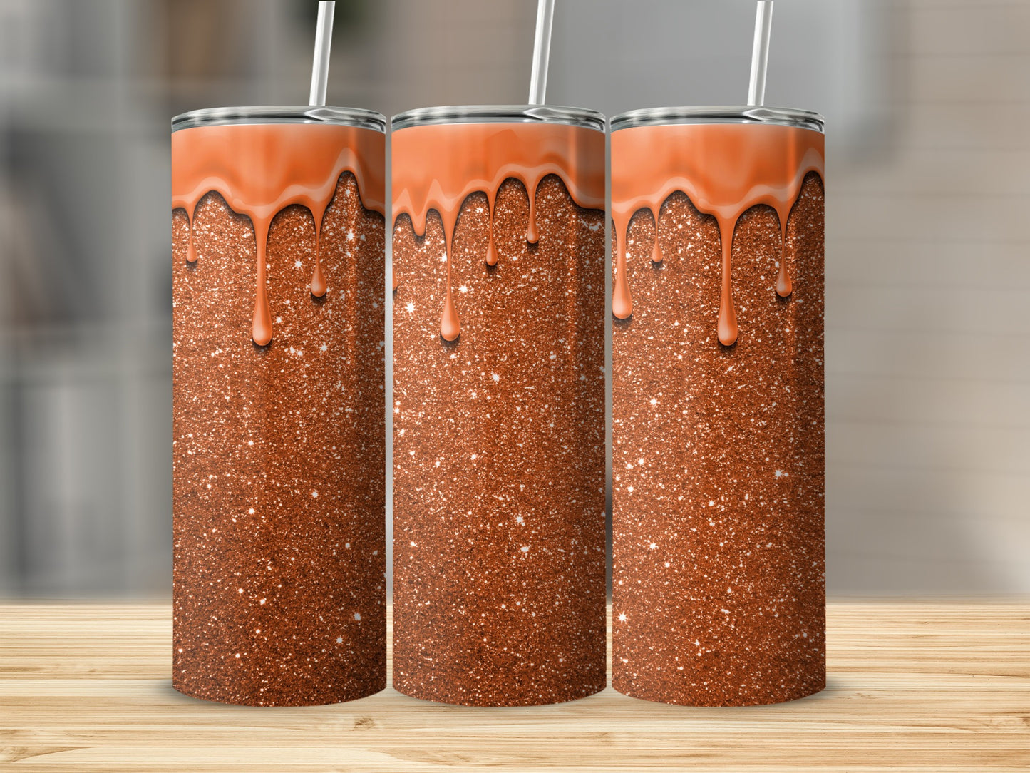 Glittery Copper Drip Design Tumbler with Straw