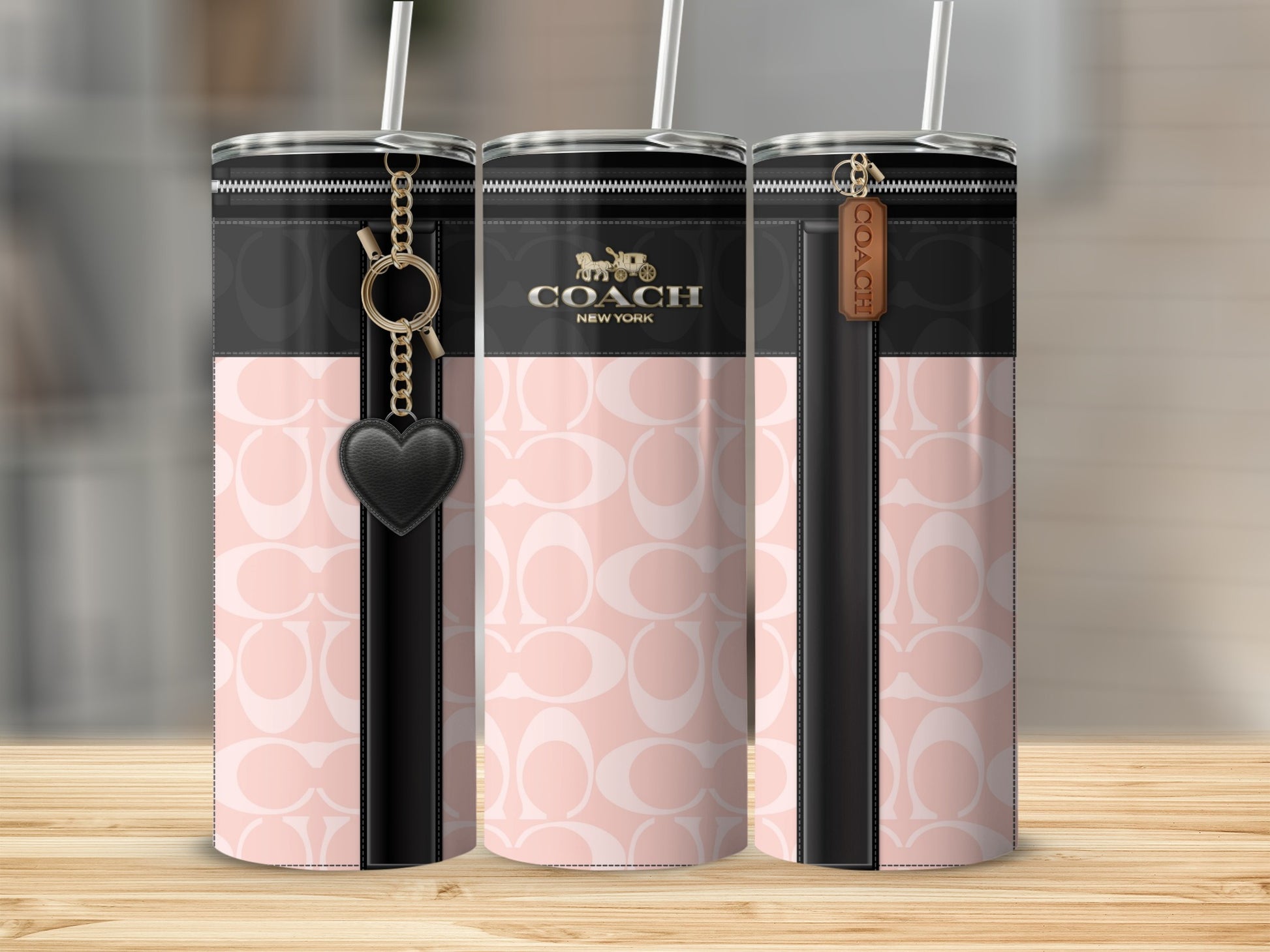 Coach New York Pink and Black Tumblers Set with Heart Charm